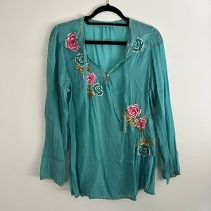 Johnny Was Teal Green Embroidered Blouse